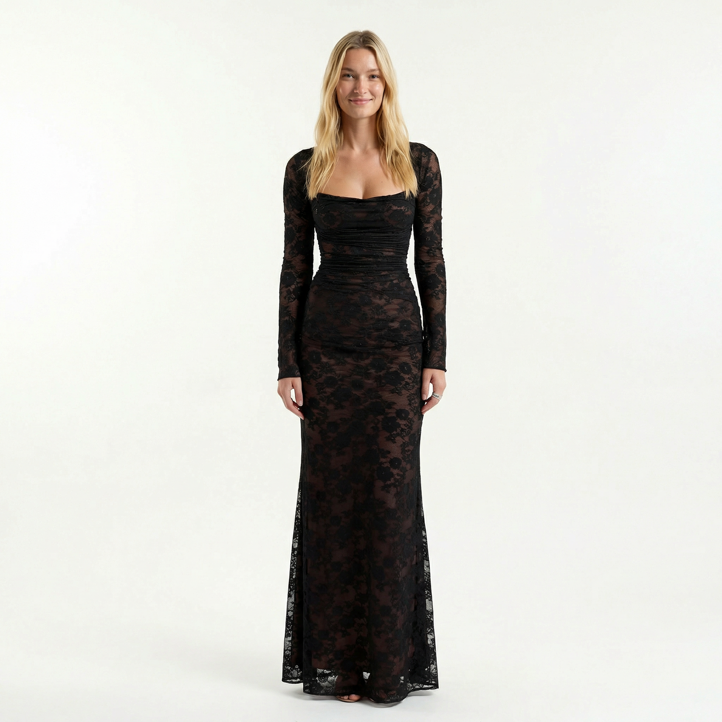 Lace Corset Maxi Dress - Floral Lace, Fitted Bodice, Elegant Silhouette