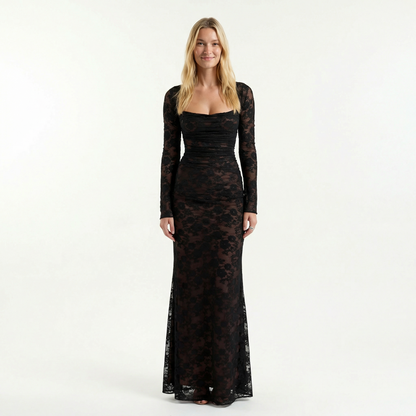 Lace Corset Maxi Dress - Floral Lace, Fitted Bodice, Elegant Silhouette