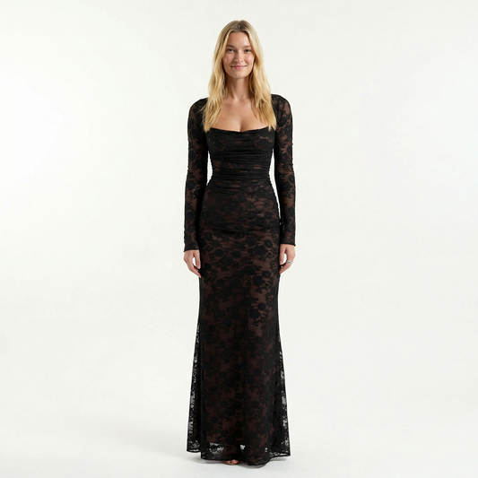 Lace Corset Maxi Dress - Floral Lace, Fitted Bodice, Elegant Silhouette
