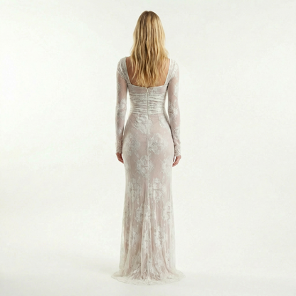 Lace Corset Maxi Dress - Floral Lace, Fitted Bodice, Elegant Silhouette