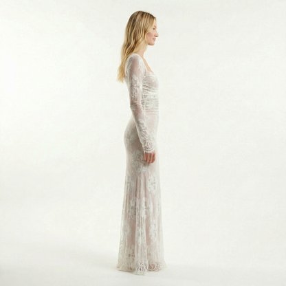 Lace Corset Maxi Dress - Floral Lace, Fitted Bodice, Elegant Silhouette