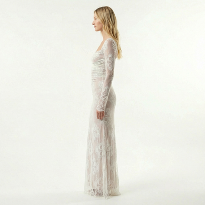 Lace Corset Maxi Dress - Floral Lace, Fitted Bodice, Elegant Silhouette