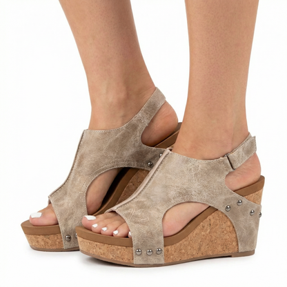 Leather Wedge Sandals - Cork Platform Sole, Slip-On Design