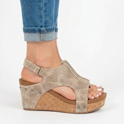 Leather Wedge Sandals - Cork Platform Sole, Slip-On Design