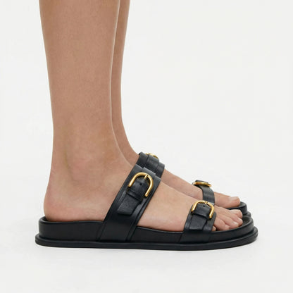 Leather Slide Sandals - Double Adjustable Straps, Lightweight Design