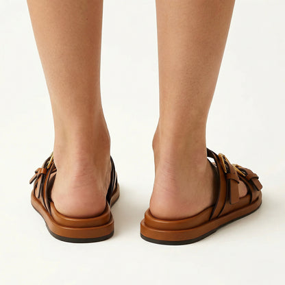 Leather Slide Sandals - Double Adjustable Straps, Lightweight Design