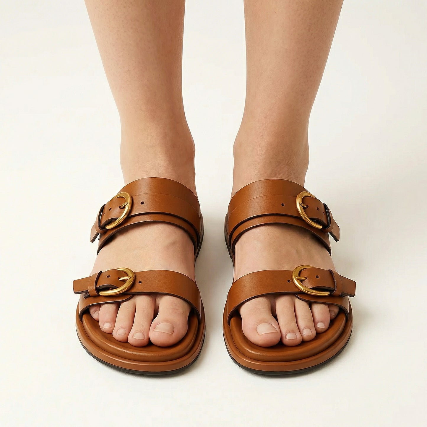 Leather Slide Sandals - Double Adjustable Straps, Lightweight Design
