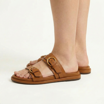 Leather Slide Sandals - Double Adjustable Straps, Lightweight Design