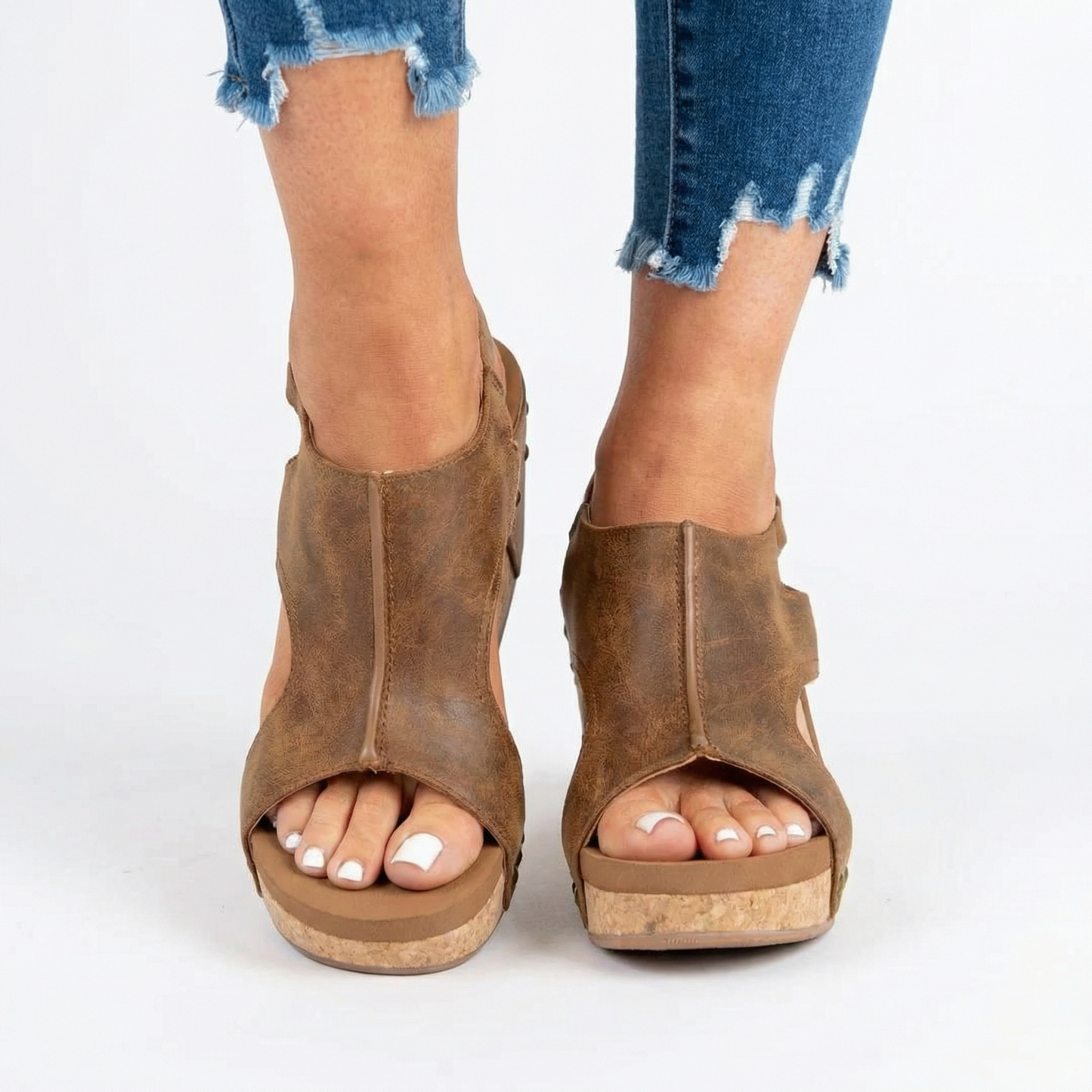 Leather Wedge Sandals - Cork Platform Sole, Slip-On Design