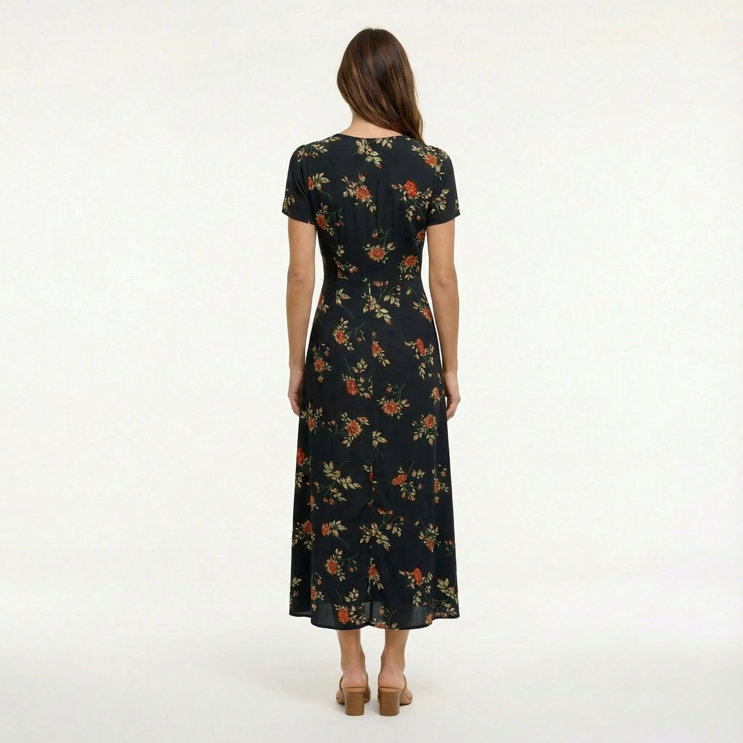 Black Floral Maxi Dress - V-Neck, Short Sleeve