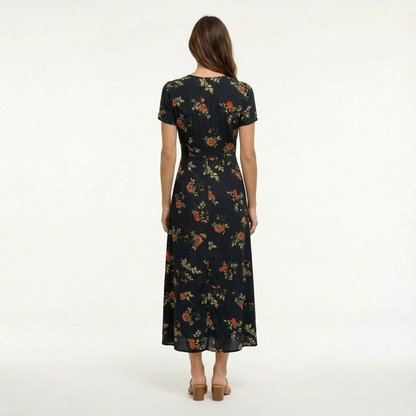 Black Floral Maxi Dress - V-Neck, Short Sleeve
