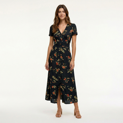 Black Floral Maxi Dress - V-Neck, Short Sleeve