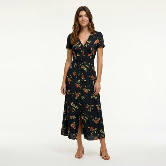 Black Floral Maxi Dress - V-Neck, Short Sleeve