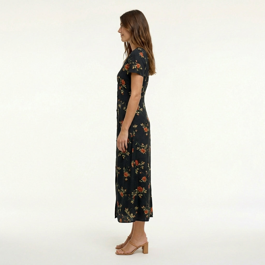 Black Floral Maxi Dress - V-Neck, Short Sleeve