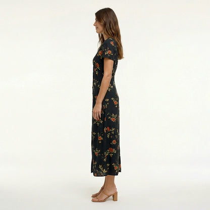 Black Floral Maxi Dress - V-Neck, Short Sleeve