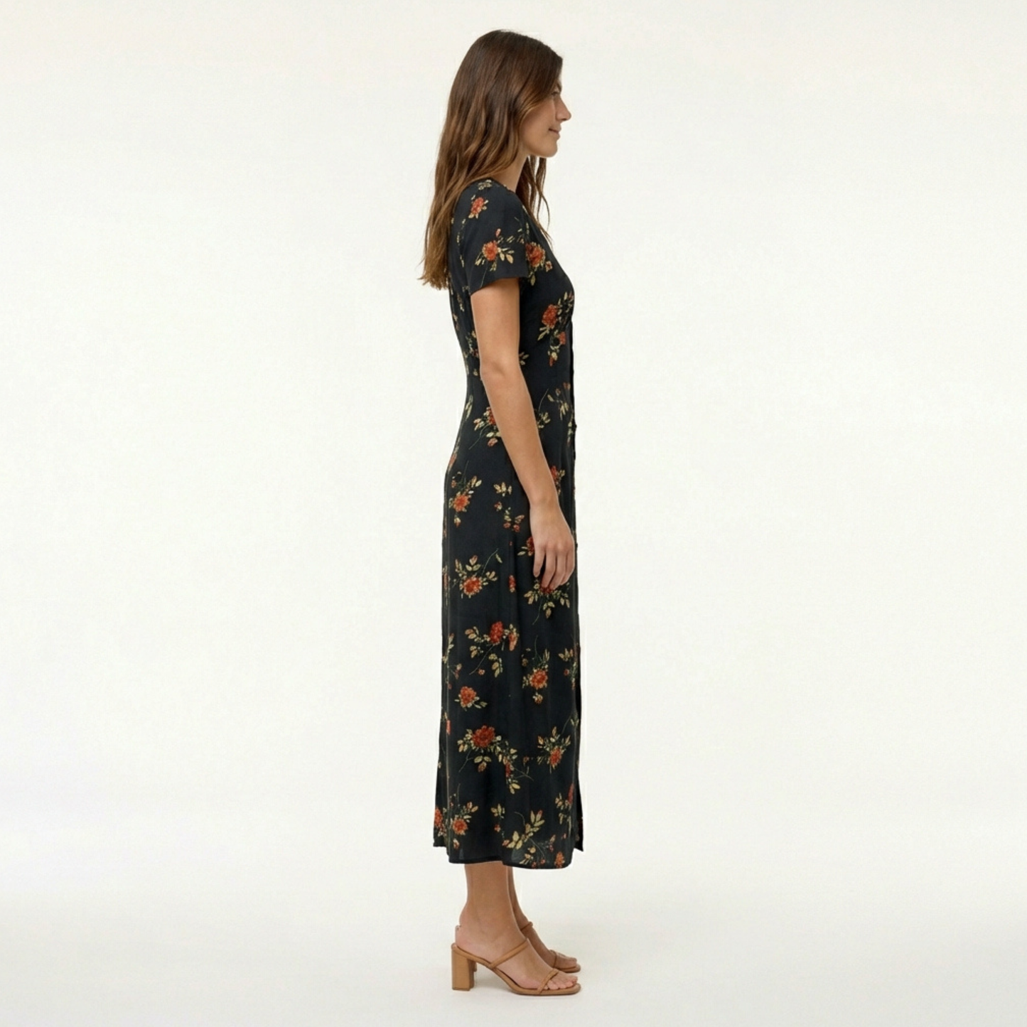 Black Floral Maxi Dress - V-Neck, Short Sleeve