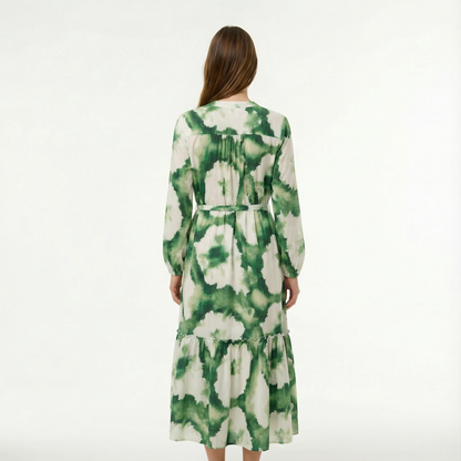 Boho Maxi Dress - Flowy Design, V-Neck, Long Sleeve