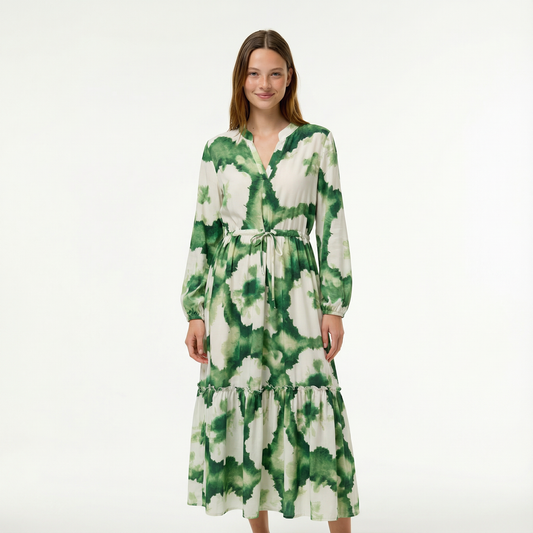 Boho Maxi Dress - Flowy Design, V-Neck, Long Sleeve