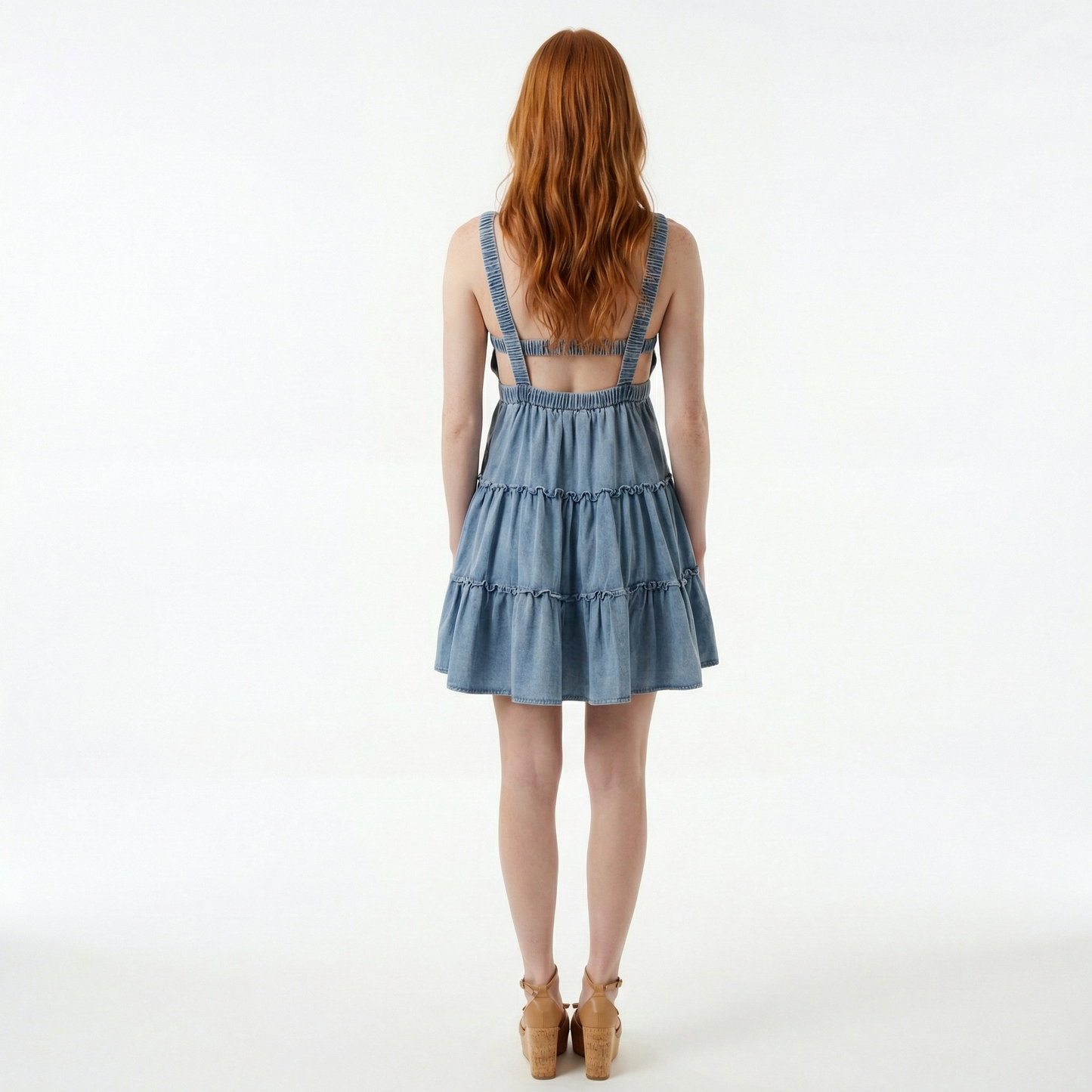 Medium Wash Denim Mini Dress - Tiered, Open Back, Elastic Waist