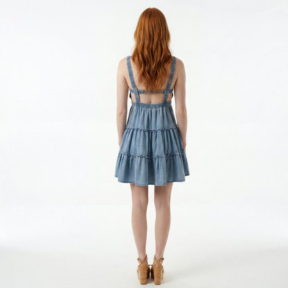 Medium Wash Denim Mini Dress - Tiered, Open Back, Elastic Waist