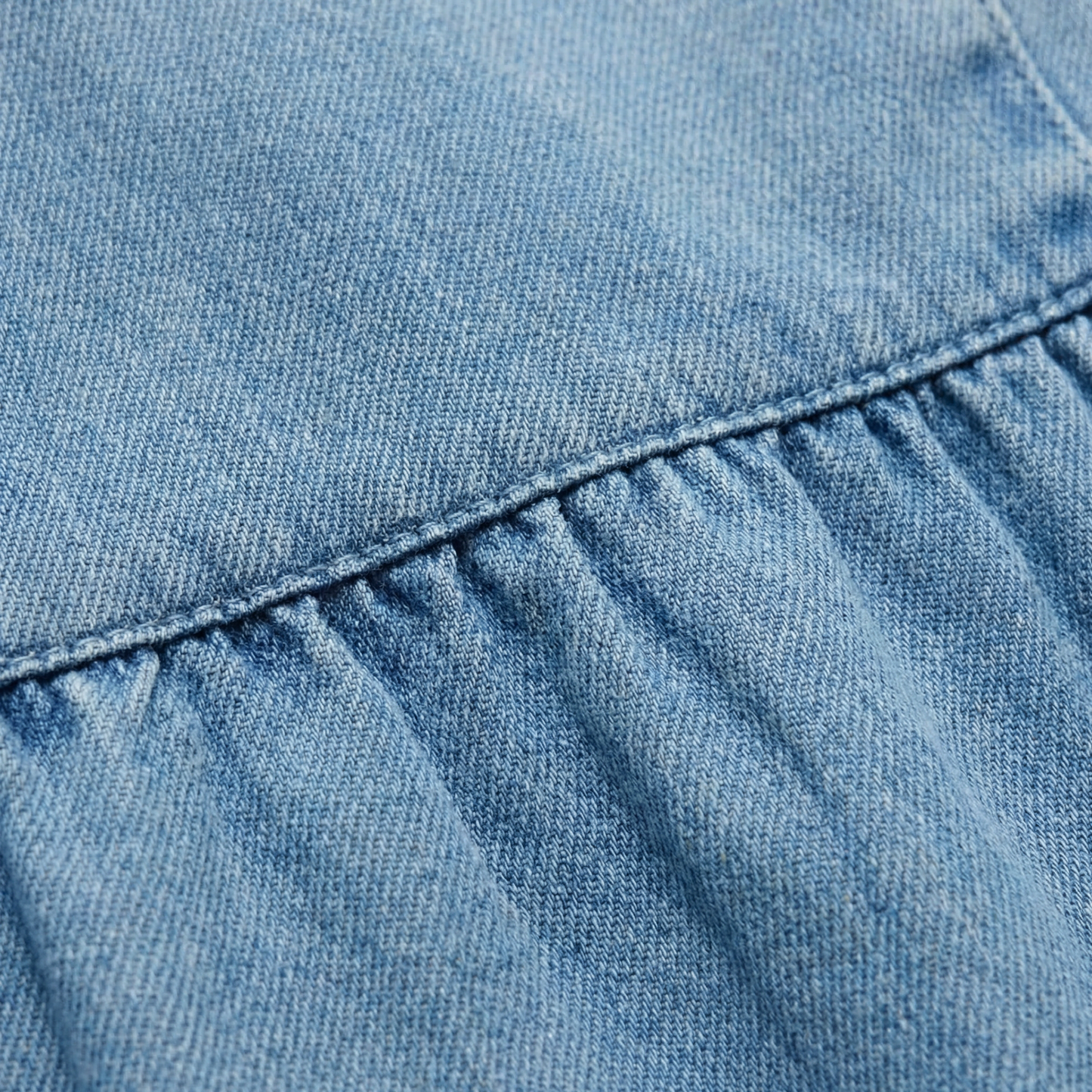 Medium Wash Denim Mini Dress - Tiered, Open Back, Elastic Waist