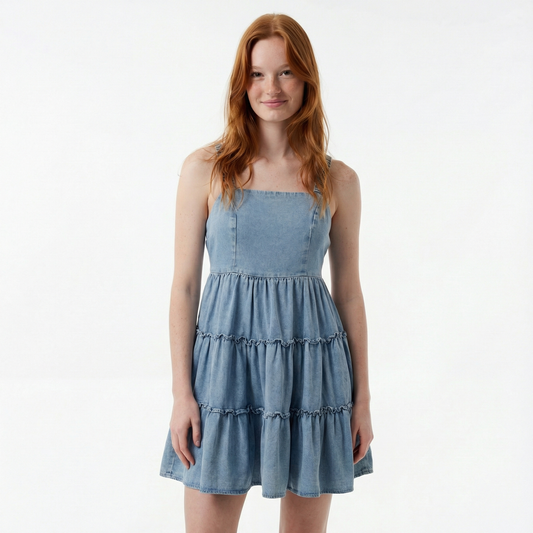 Medium Wash Denim Mini Dress - Tiered, Open Back, Elastic Waist