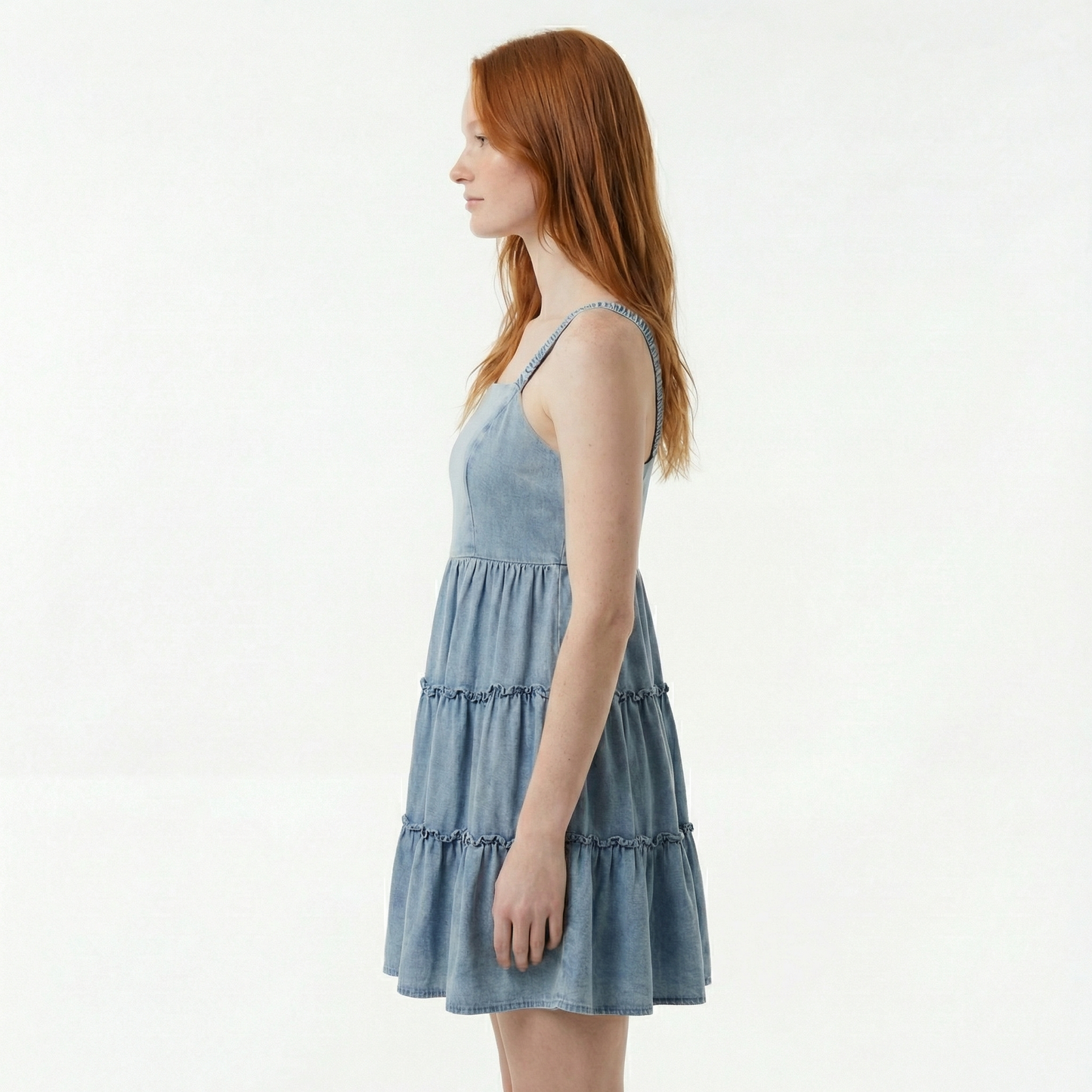 Medium Wash Denim Mini Dress - Tiered, Open Back, Elastic Waist