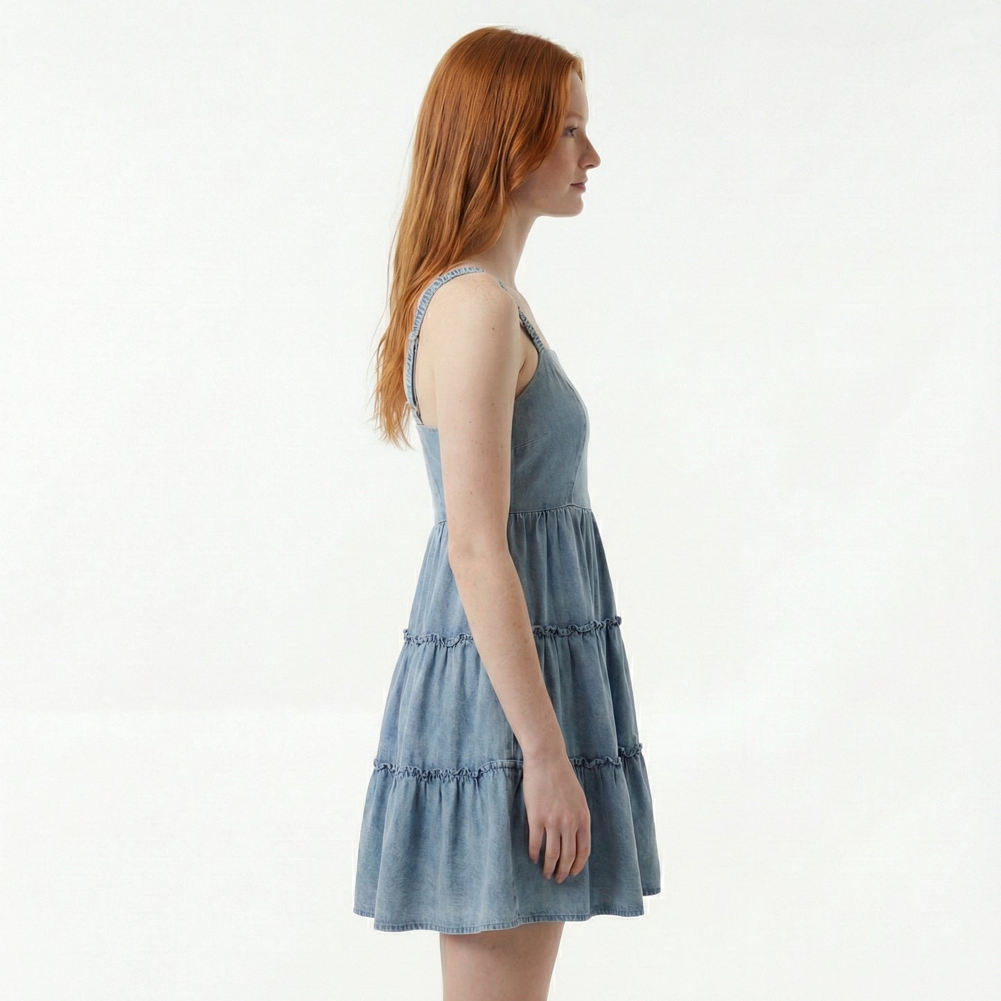 Medium Wash Denim Mini Dress - Tiered, Open Back, Elastic Waist