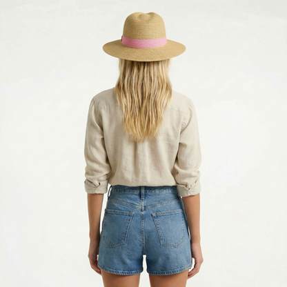 Metallic Straw Wide Brim Hat - Woven Band, Adjustable Ribbon