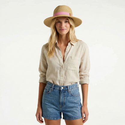 Metallic Straw Wide Brim Hat - Woven Band, Adjustable Ribbon