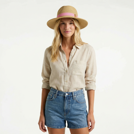 Metallic Straw Wide Brim Hat - Woven Band, Adjustable Ribbon