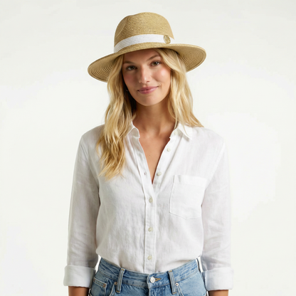 Metallic Straw Wide Brim Hat - Woven Band, Adjustable Ribbon