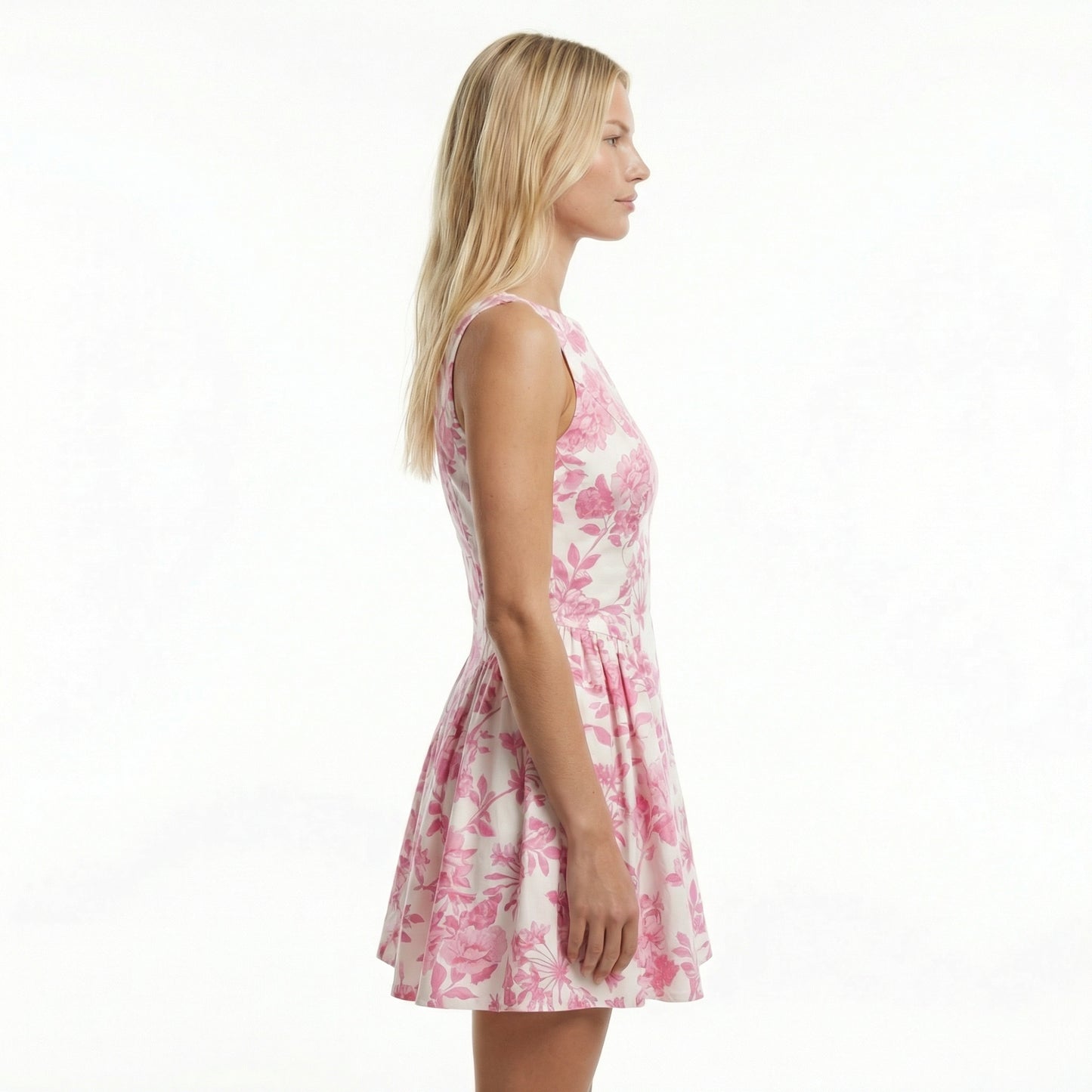 Ivory Floral Denim Mini Dress - Stretchy Fabric, Open Back, Back Bow