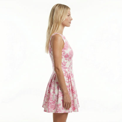 Ivory Floral Denim Mini Dress - Stretchy Fabric, Open Back, Back Bow