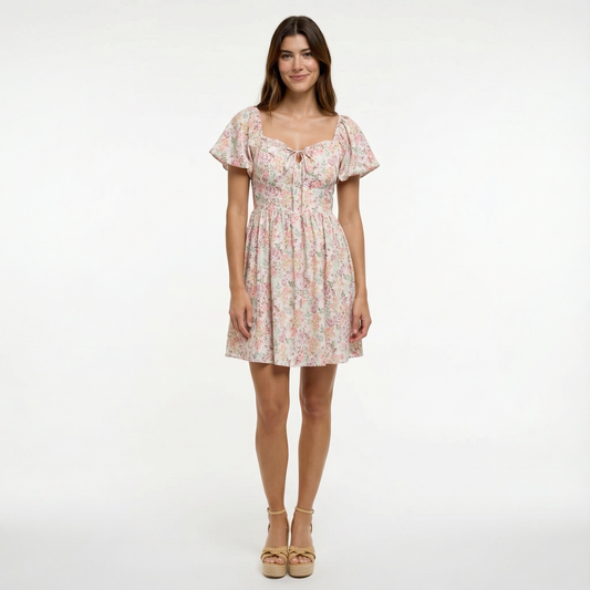 Coconut Floral Short Dress - Sweetheart Neckline, Puff Sleeve, Smocked Back