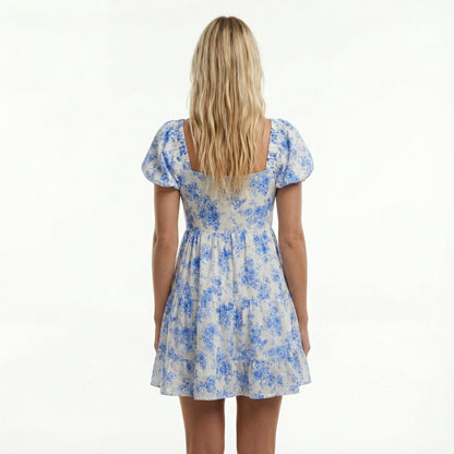 Floral Mini Dress - Sweetheart Neckline, Puff Sleeve, Open Back