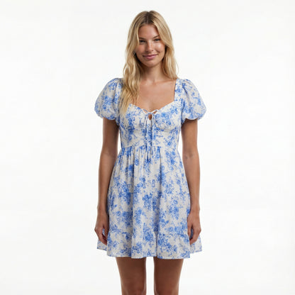 Floral Mini Dress - Sweetheart Neckline, Puff Sleeve, Open Back