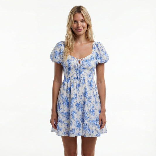 Floral Mini Dress - Sweetheart Neckline, Puff Sleeve, Open Back