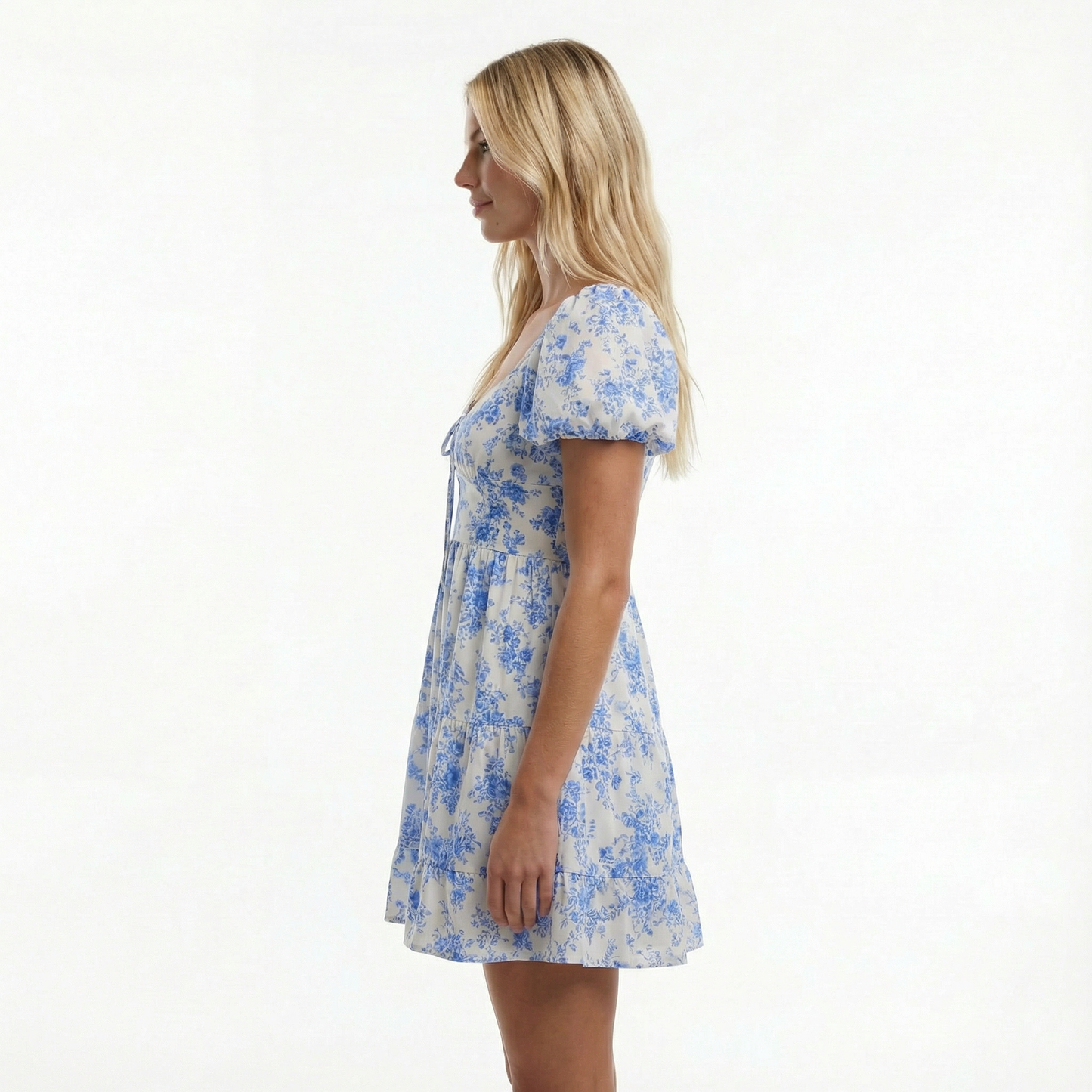 Floral Mini Dress - Sweetheart Neckline, Puff Sleeve, Open Back