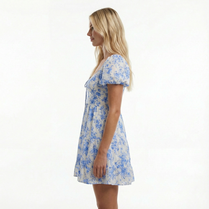 Floral Mini Dress - Sweetheart Neckline, Puff Sleeve, Open Back