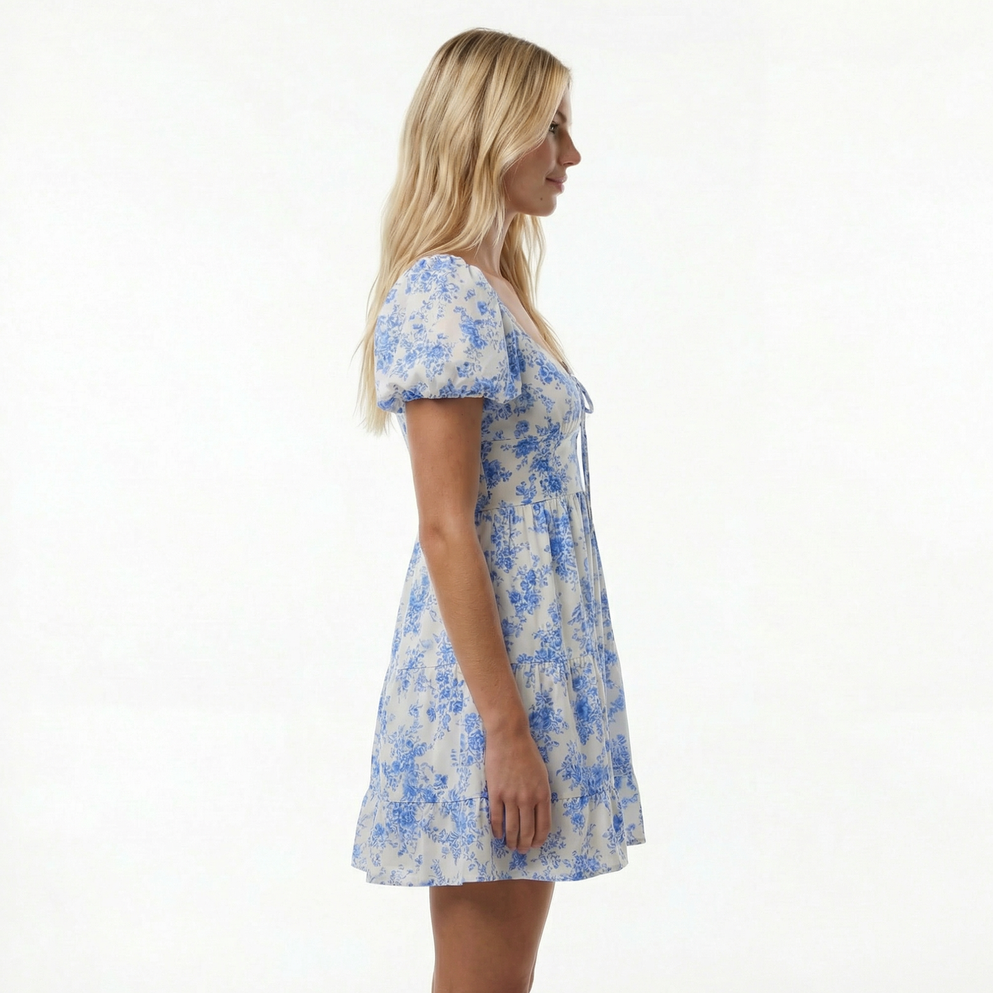 Floral Mini Dress - Sweetheart Neckline, Puff Sleeve, Open Back