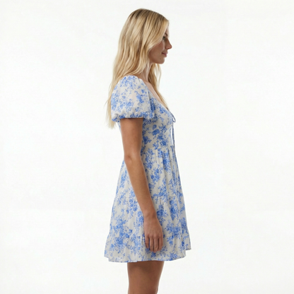 Floral Mini Dress - Sweetheart Neckline, Puff Sleeve, Open Back