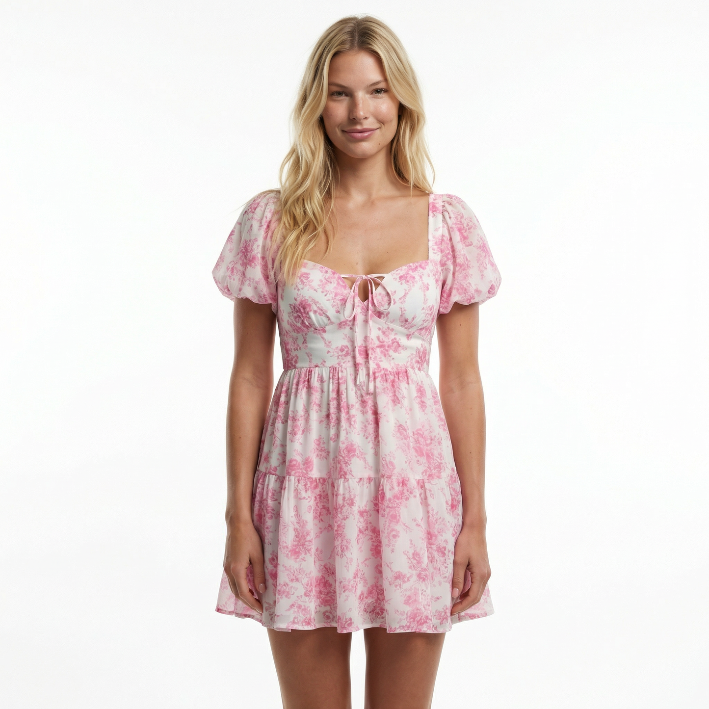 Floral Mini Dress - Sweetheart Neckline, Puff Sleeve, Open Back