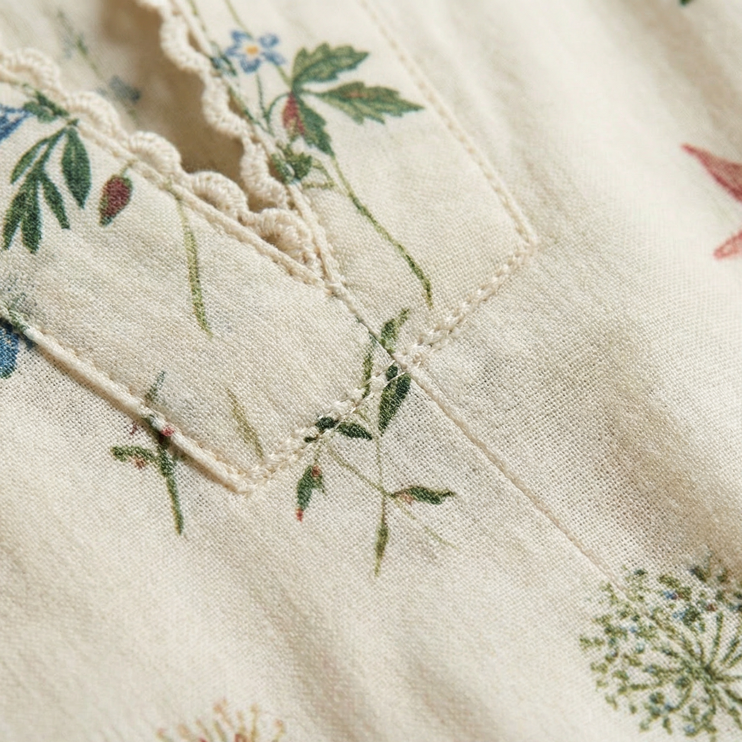 Cream Floral Cotton Mini Dress - Waist Tie, Scalloped Lace Trim, Side Pockets