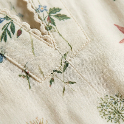 Cream Floral Cotton Mini Dress - Waist Tie, Scalloped Lace Trim, Side Pockets