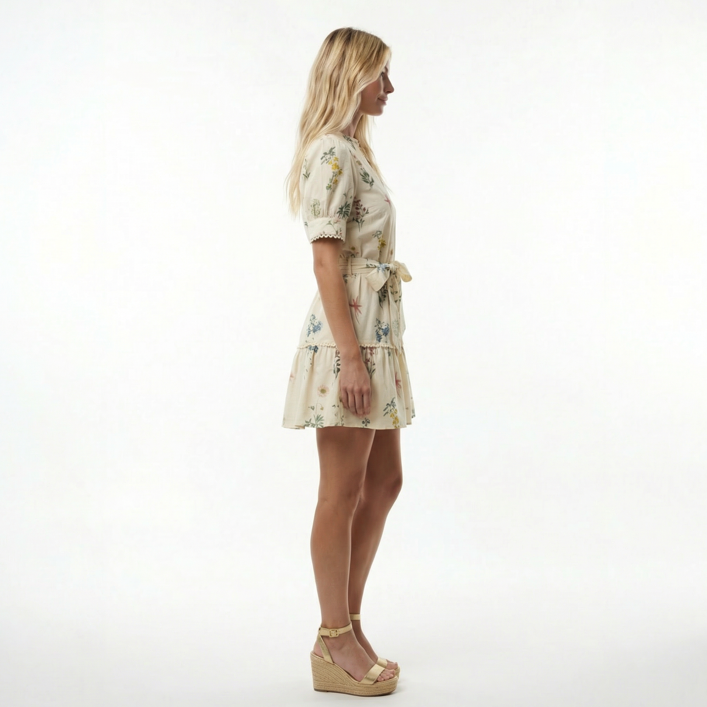 Cream Floral Cotton Mini Dress - Waist Tie, Scalloped Lace Trim, Side Pockets