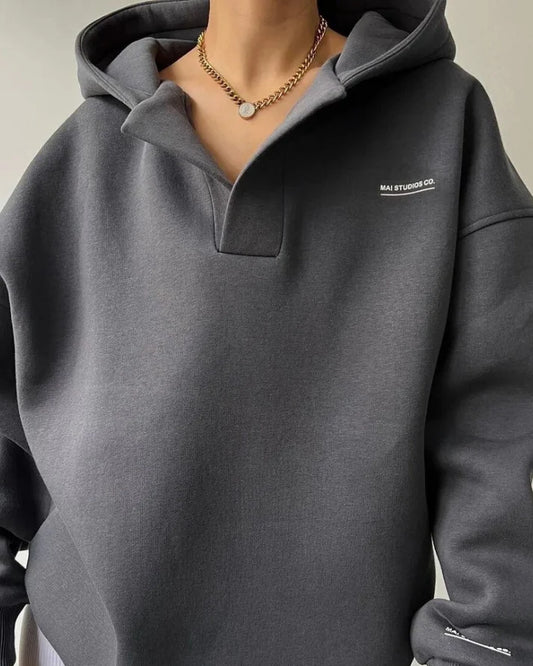 Women’s Oversized Polo Hoodie – Drop Shoulder Pullover With Collar and Embroidered Detail for Fall Layering