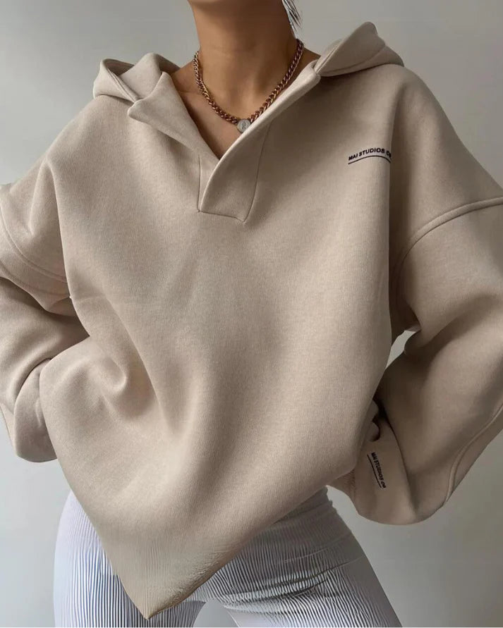 Women’s Oversized Polo Hoodie – Drop Shoulder Pullover With Collar and Embroidered Detail for Fall Layering
