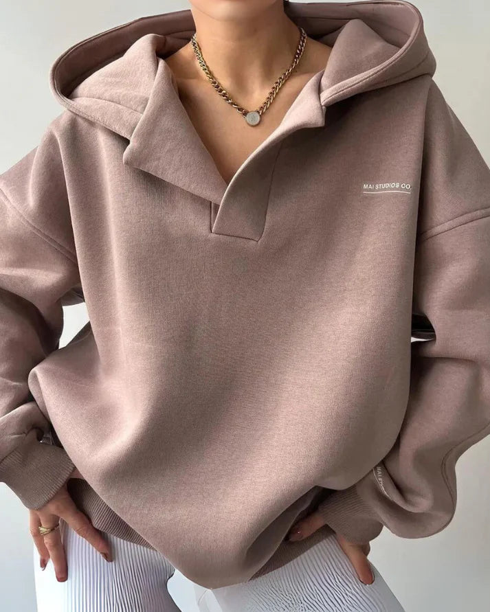 Women’s Oversized Polo Hoodie – Drop Shoulder Pullover With Collar and Embroidered Detail for Fall Layering
