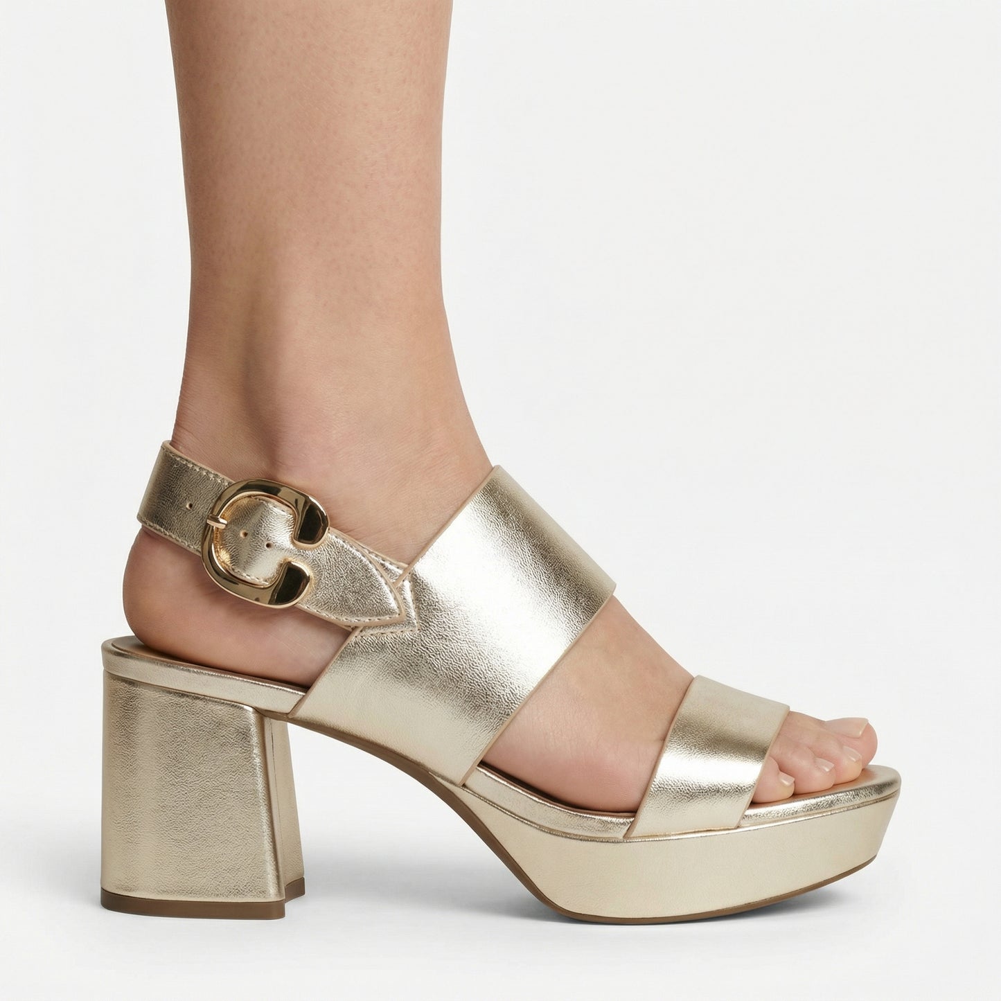 Stone Platform Sandals - Round Toe, Buckle Closure, Slip-On Design